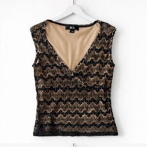 BCX - sexy, yet refined Black and Gold Lace Blouse / Medium